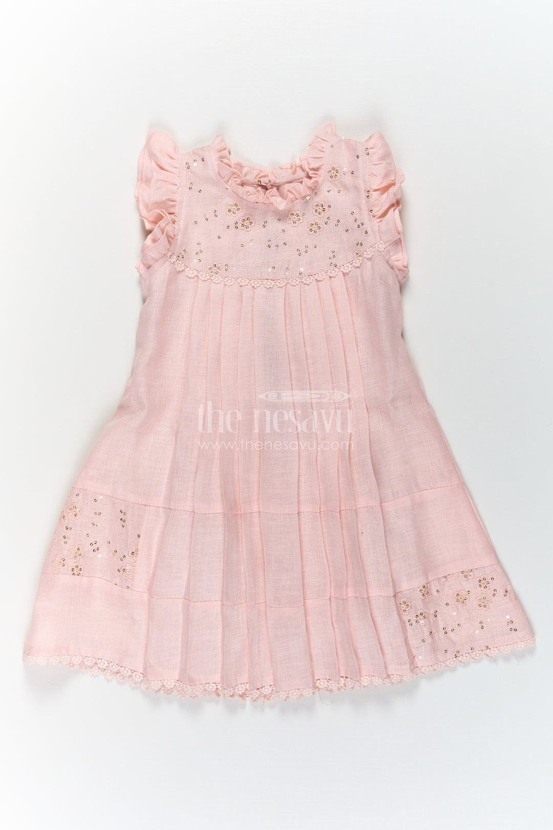 Girls bacchon ki cotton frock in Soft Flax Fabric with Embroidered Yoke and Delicate Frill Sleeves