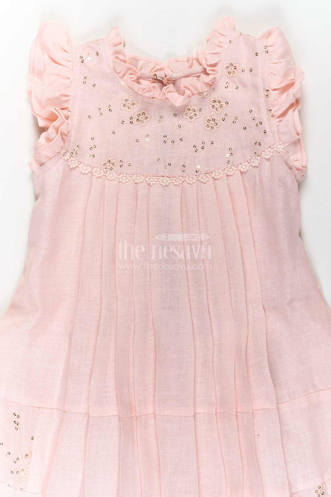 Girls bacchon ki cotton frock in Soft Flax Fabric with Embroidered Yoke and Delicate Frill Sleeves