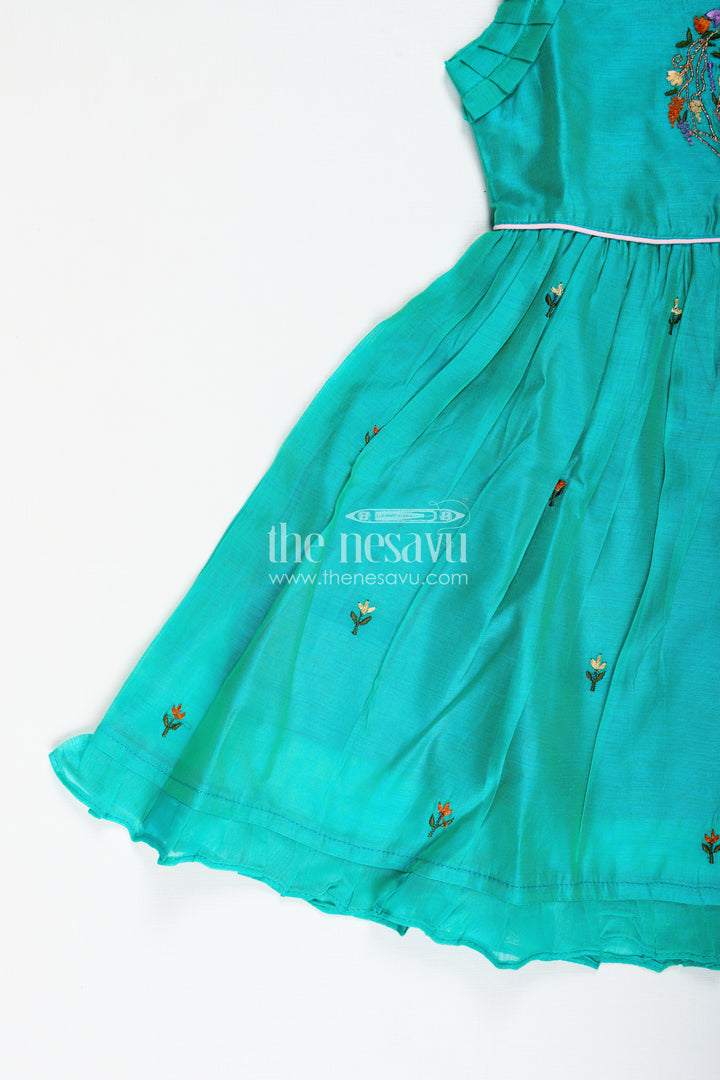 Girls Chanderi Cotton Frock with Peacock Embroidery and Ruffled Sleeves for Elegant Occasions