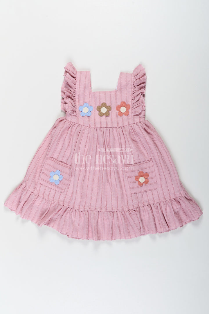 Girls Sleeveless Frock in Pure Cotton with Ruffled Straps and Floral Appliqué for a Casual Look