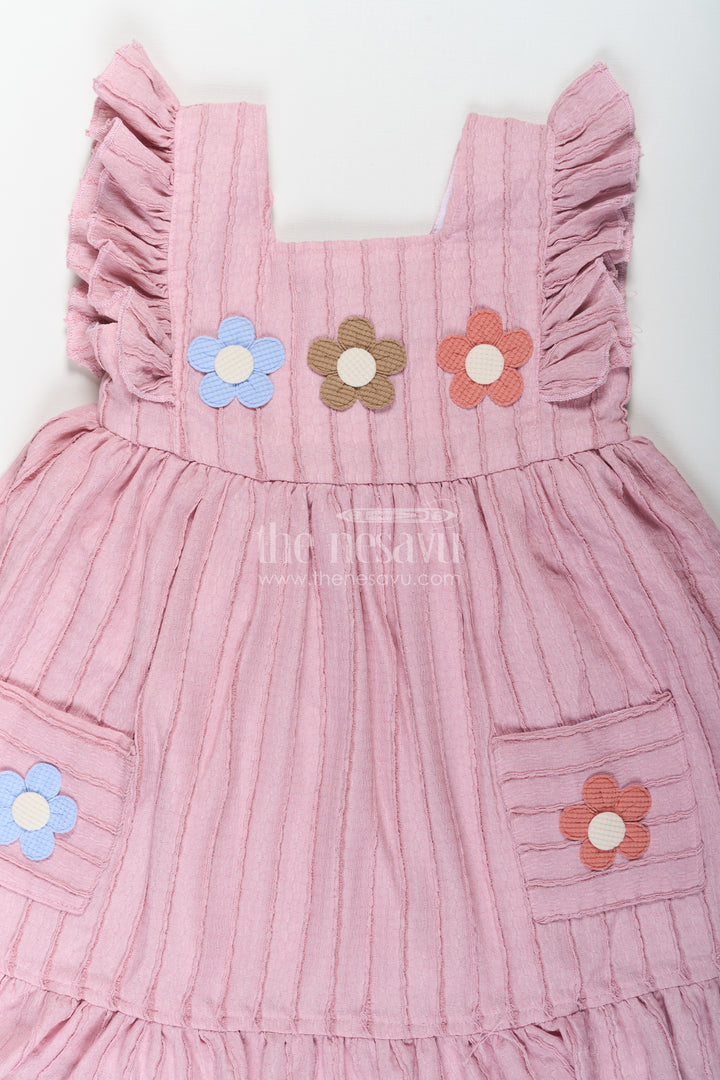 Girls Sleeveless Frock in Pure Cotton with Ruffled Straps and Floral Appliqué for a Casual Look