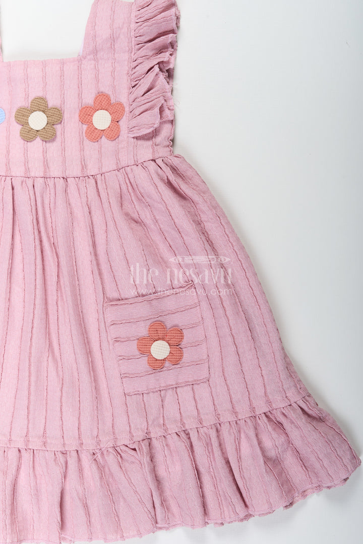 Girls Sleeveless Frock in Pure Cotton with Ruffled Straps and Floral Appliqué for a Casual Look