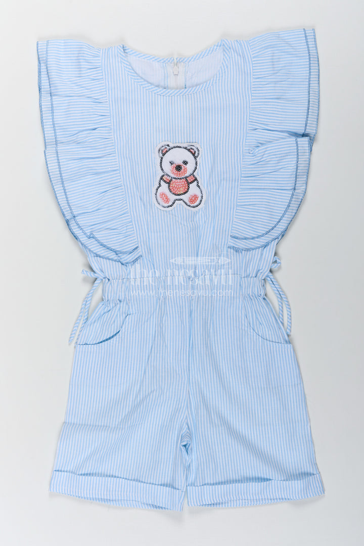Girls Night Frock in Soft Cotton with Striped Pattern and Sequin Teddy Bear Design