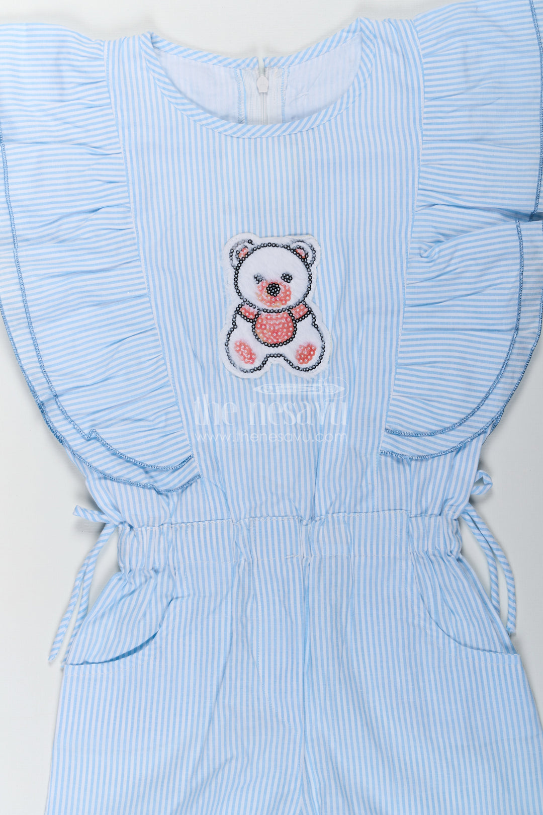 Girls Night Frock in Soft Cotton with Striped Pattern and Sequin Teddy Bear Design
