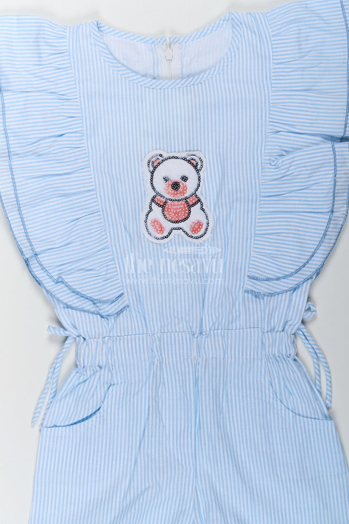 Girls Night Frock in Soft Cotton with Striped Pattern and Sequin Teddy Bear Design
