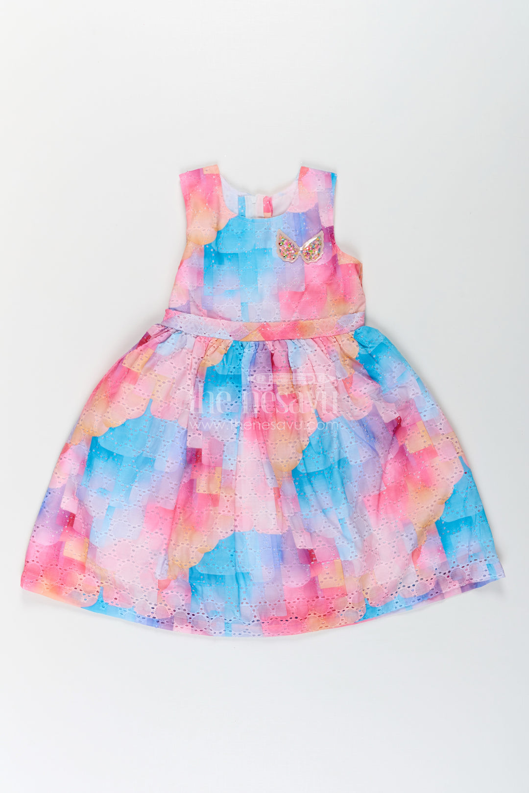 Girls Frocks for Photoshoot in Cotton Blended Chikankari with Vibrant Digital Print and Butterfly Appliqué