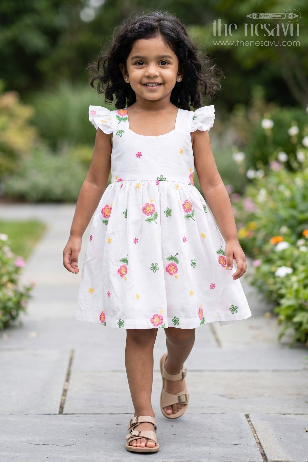 Girls White Short Frock in Cotton Embroidery with Floral Patterns and Ruffled Sleeves