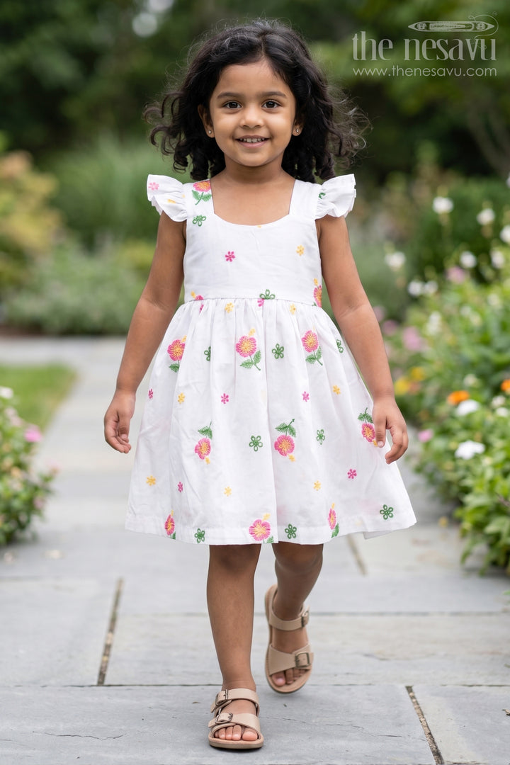 Girls White Short Frock in Cotton Embroidery with Floral Patterns and Ruffled Sleeves
