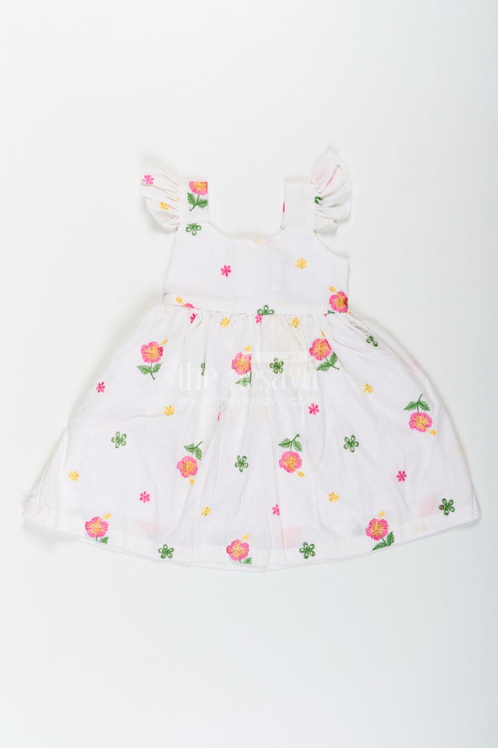 Girls White Short Frock in Cotton Embroidery with Floral Patterns and Ruffled Sleeves