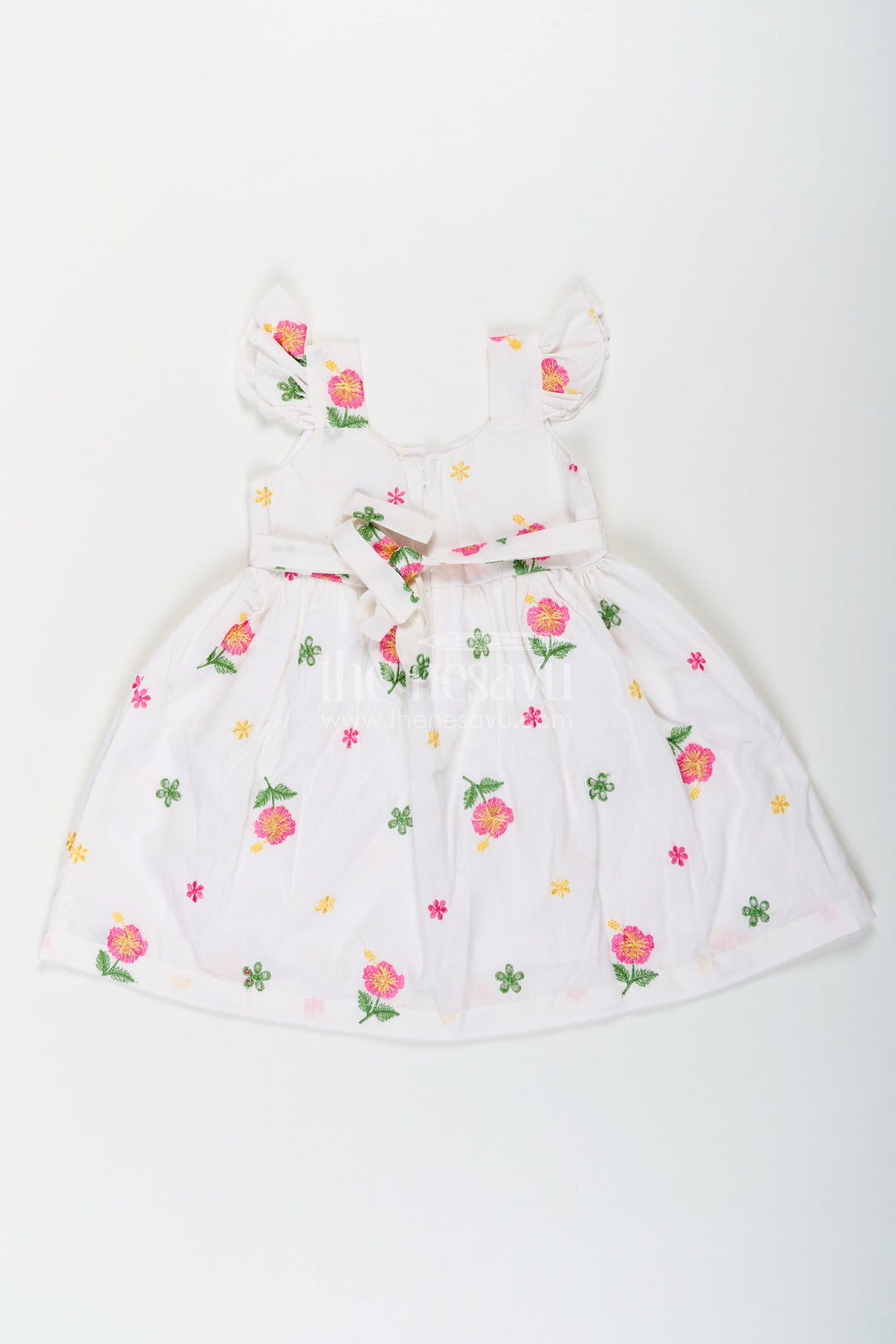 Girls White Short Frock in Cotton Embroidery with Floral Patterns and Ruffled Sleeves