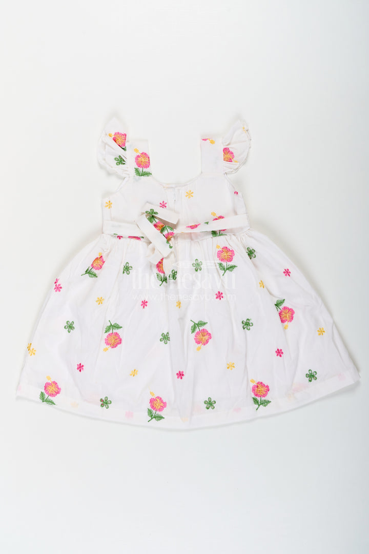 Girls White Short Frock in Cotton Embroidery with Floral Patterns and Ruffled Sleeves