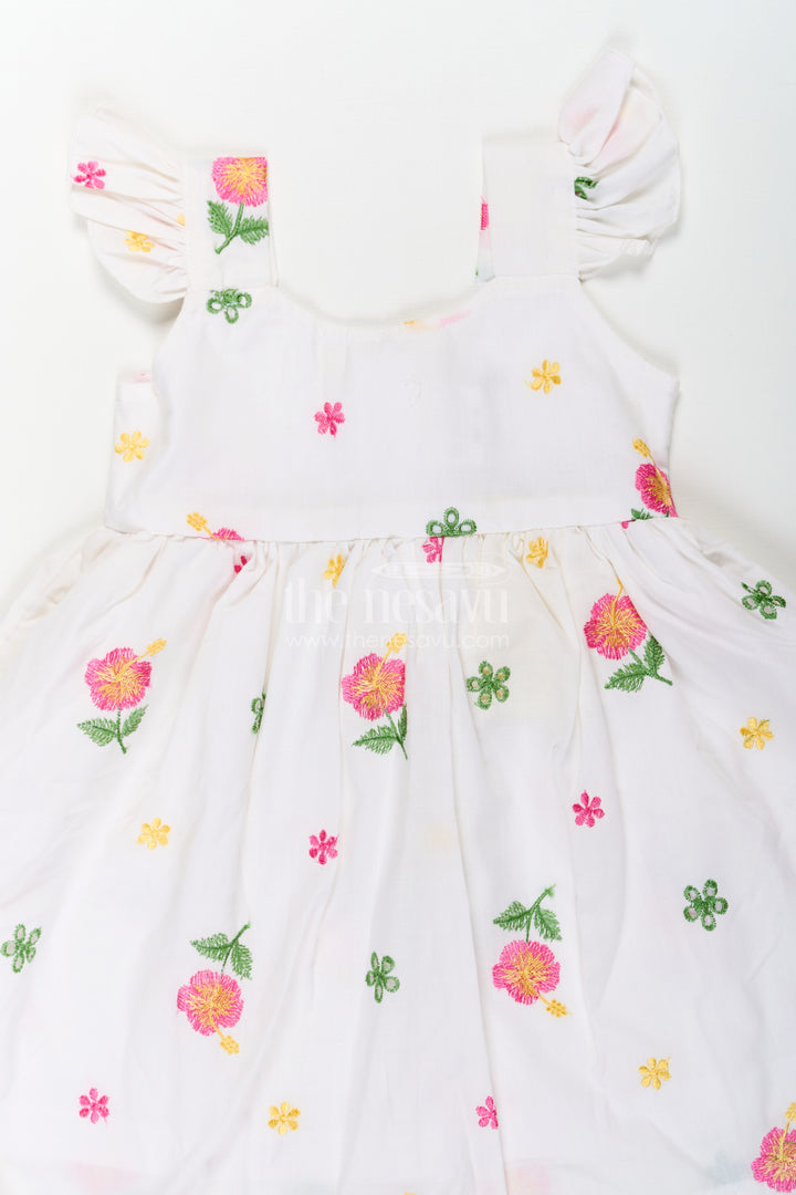 Girls White Short Frock in Cotton Embroidery with Floral Patterns and Ruffled Sleeves