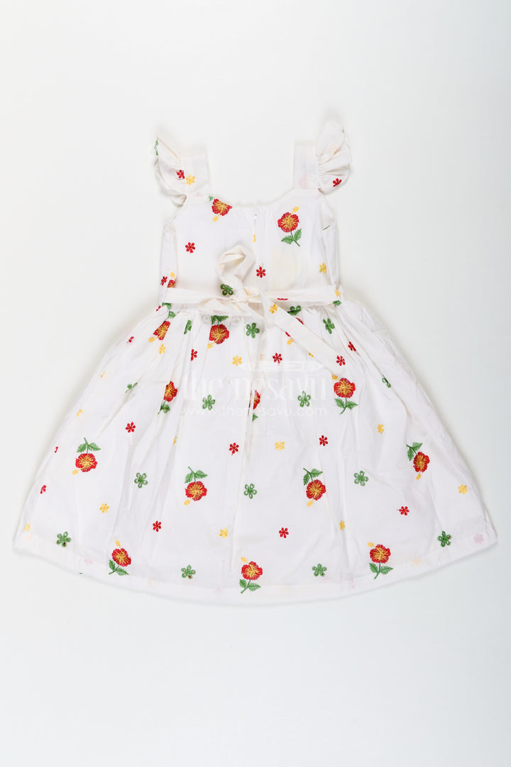 Girls White Floral Frock in Cotton Embroidery with Delicate Ruffles and Playful Design