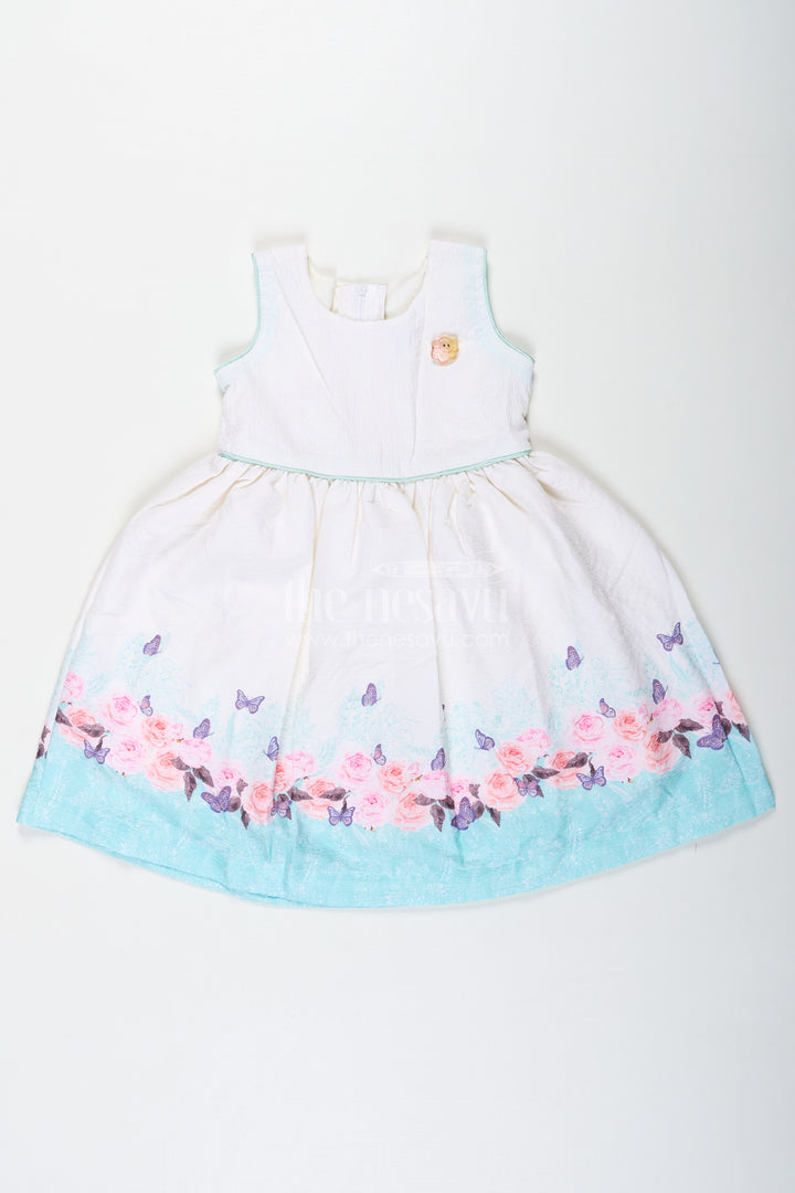 Girls Cotton White Frock Medium with Floral Printed Hem and Butterfly Accents