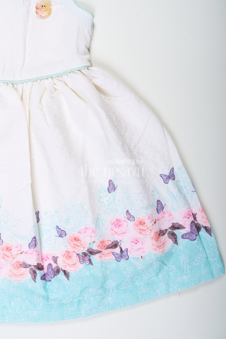 Girls Cotton White Frock Medium with Floral Printed Hem and Butterfly Accents