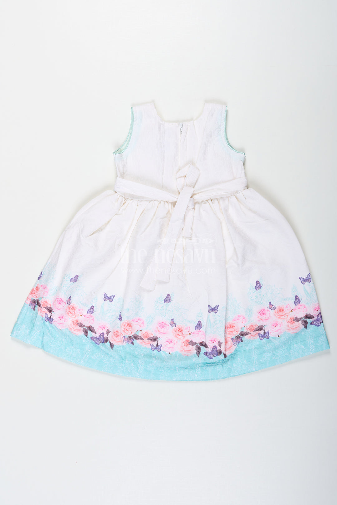 Girls Cotton White Frock Medium with Floral Printed Hem and Butterfly Accents
