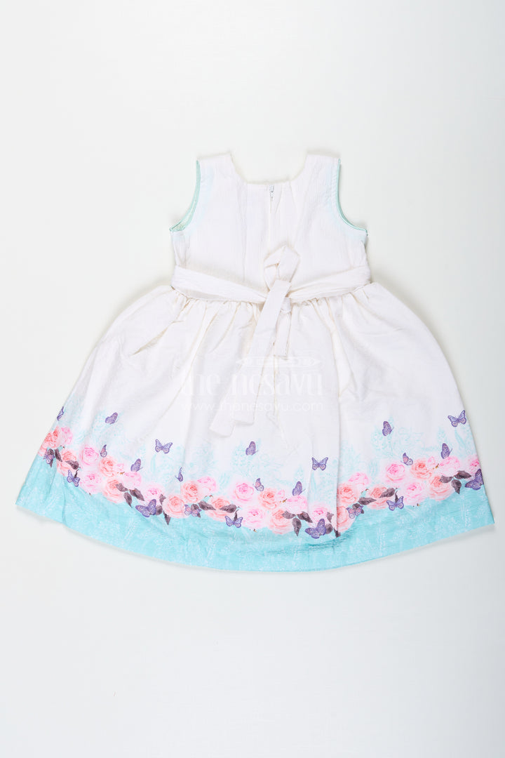 Girls Cotton White Frock Medium with Floral Printed Hem and Butterfly Accents