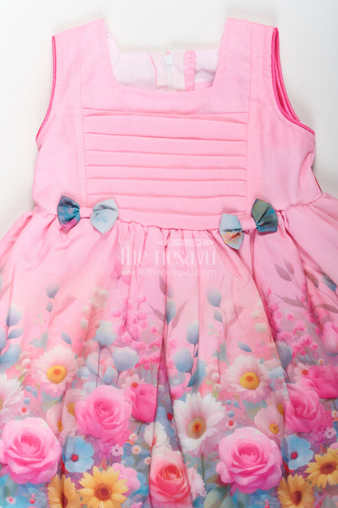 Girls Sleeveless Long Frock in Cotton Blend with Floral Digital Print and Cute Bow Details