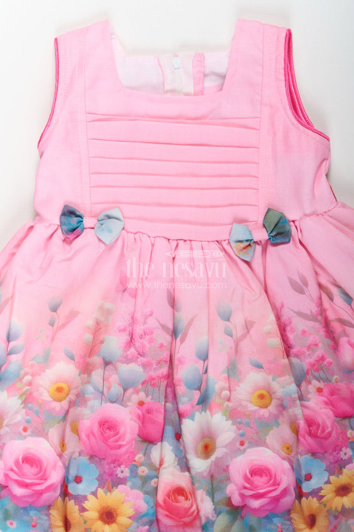 Girls Sleeveless Long Frock in Cotton Blend with Floral Digital Print and Cute Bow Details