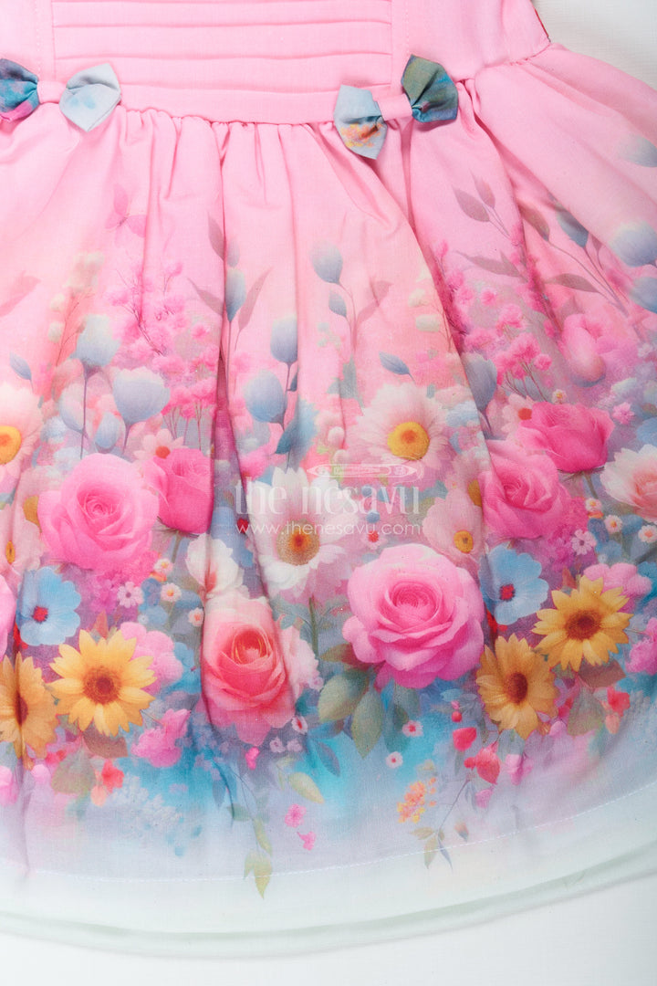 Girls Sleeveless Long Frock in Cotton Blend with Floral Digital Print and Cute Bow Details