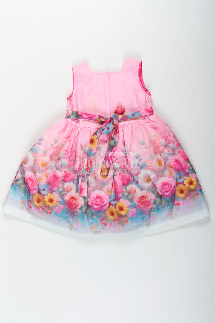 Girls Sleeveless Long Frock in Cotton Blend with Floral Digital Print and Cute Bow Details