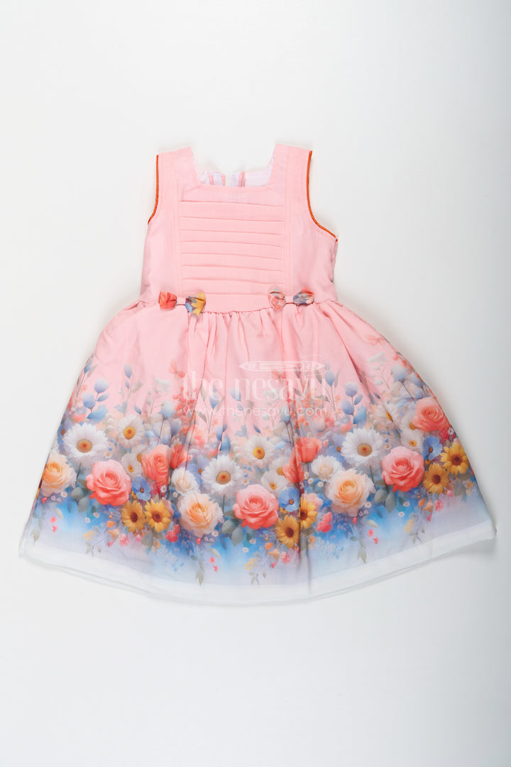 Girls Light Pink Frock in Cotton Blend with Pleated Bodice and Floral Digital Print