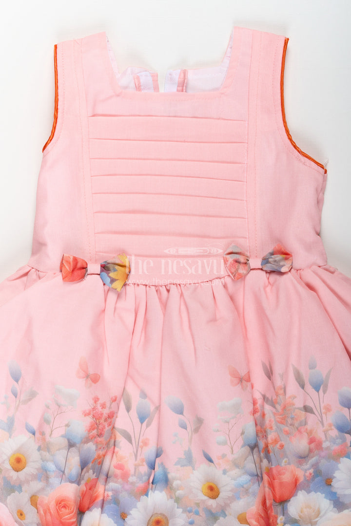 Girls Light Pink Frock in Cotton Blend with Pleated Bodice and Floral Digital Print