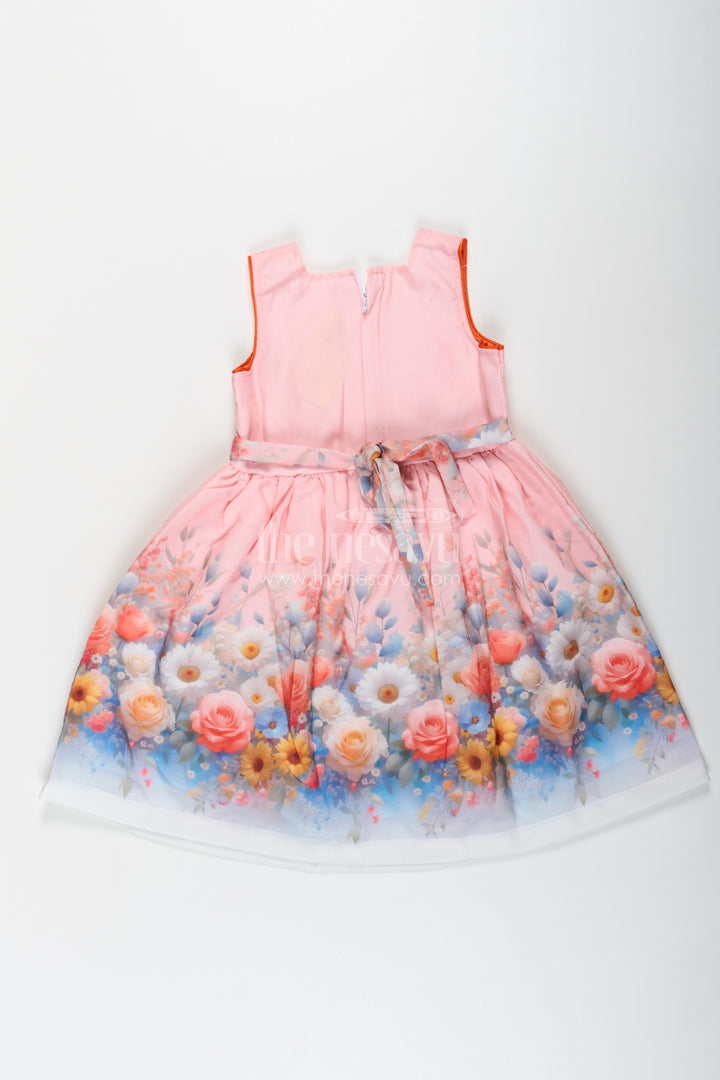 Girls Light Pink Frock in Cotton Blend with Pleated Bodice and Floral Digital Print