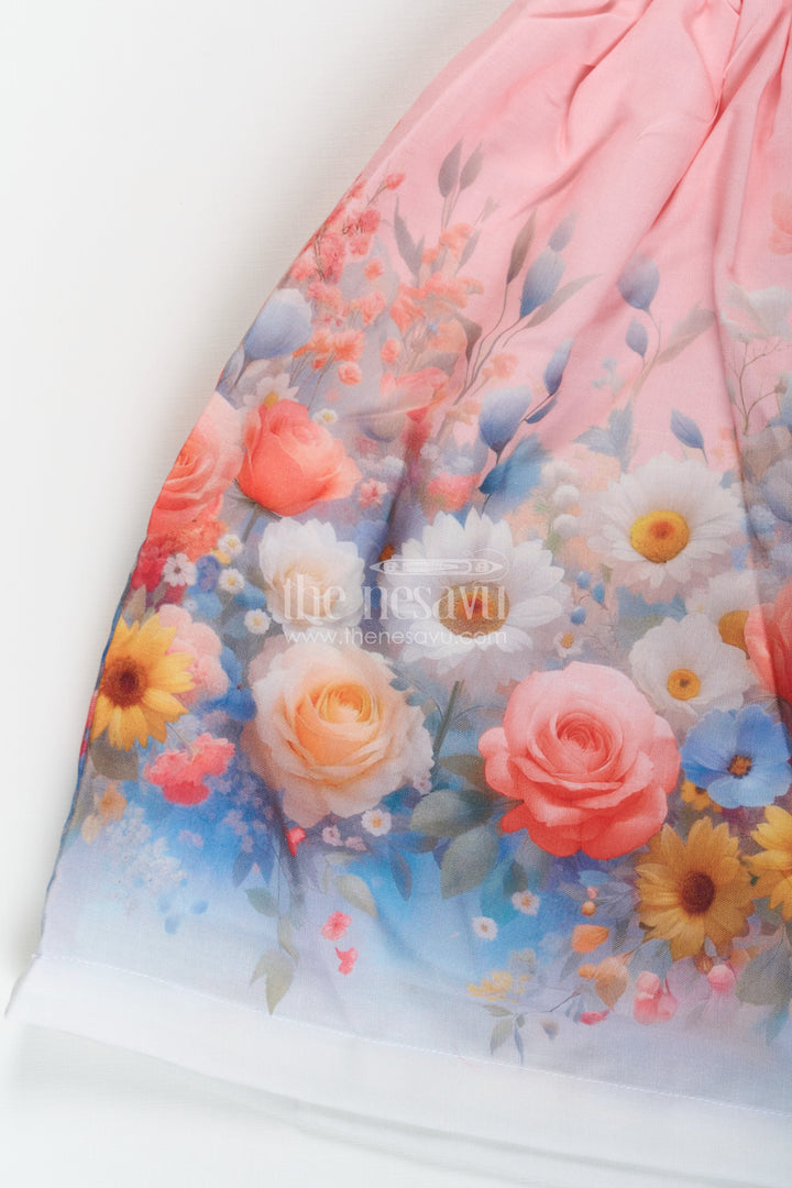 Girls Light Pink Frock in Cotton Blend with Pleated Bodice and Floral Digital Print