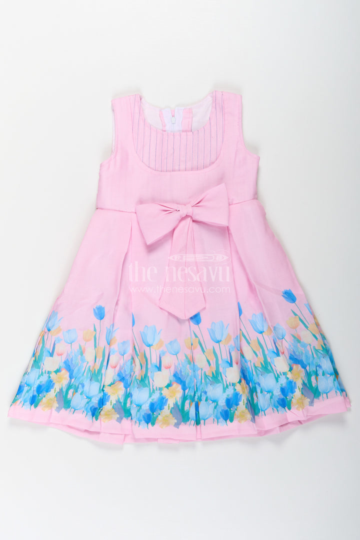 Girls Pink Colour Frock in Cotton Printed Fabric with Floral Border and Elegant Bow