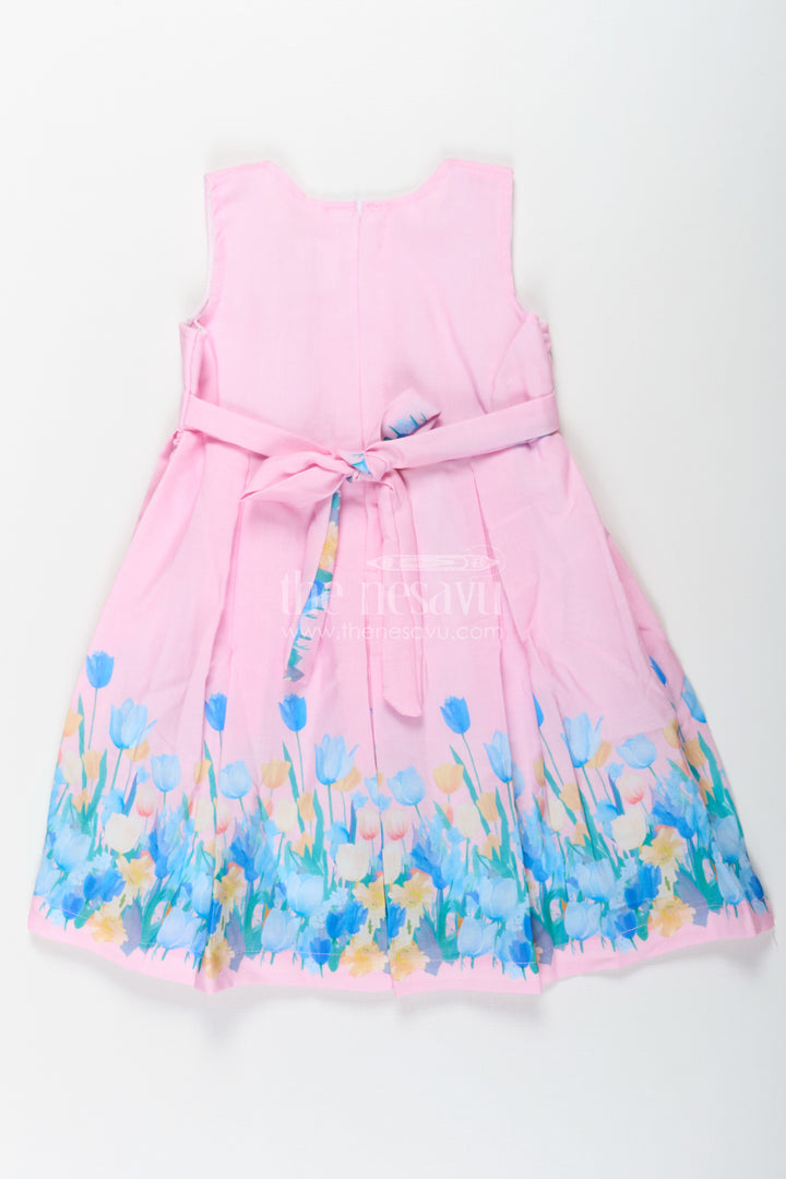 Girls Pink Colour Frock in Cotton Printed Fabric with Floral Border and Elegant Bow