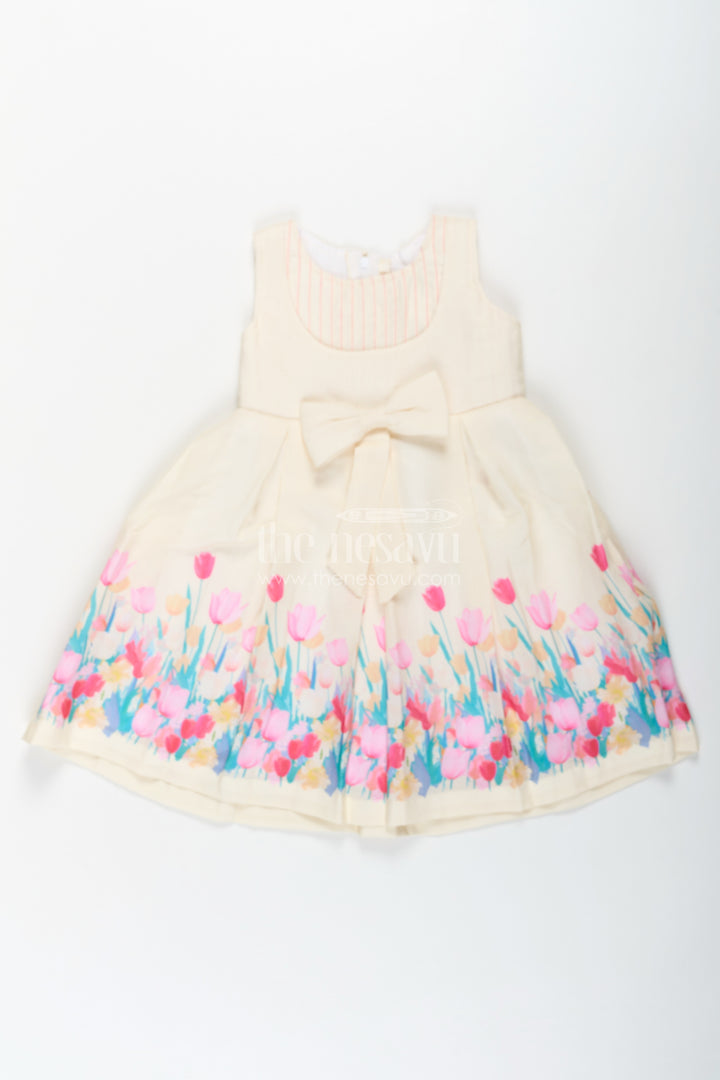 Girls Yellow Floral Frock in Cotton Printed Fabric with Pleated Bodice and Waist Bow