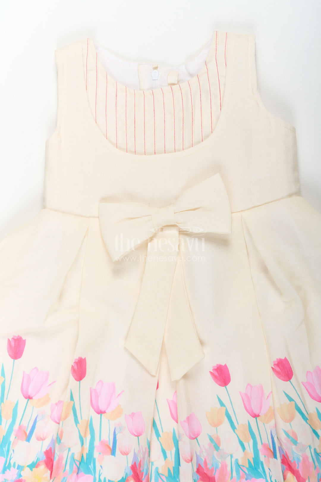 Girls Yellow Floral Frock in Cotton Printed Fabric with Pleated Bodice and Waist Bow