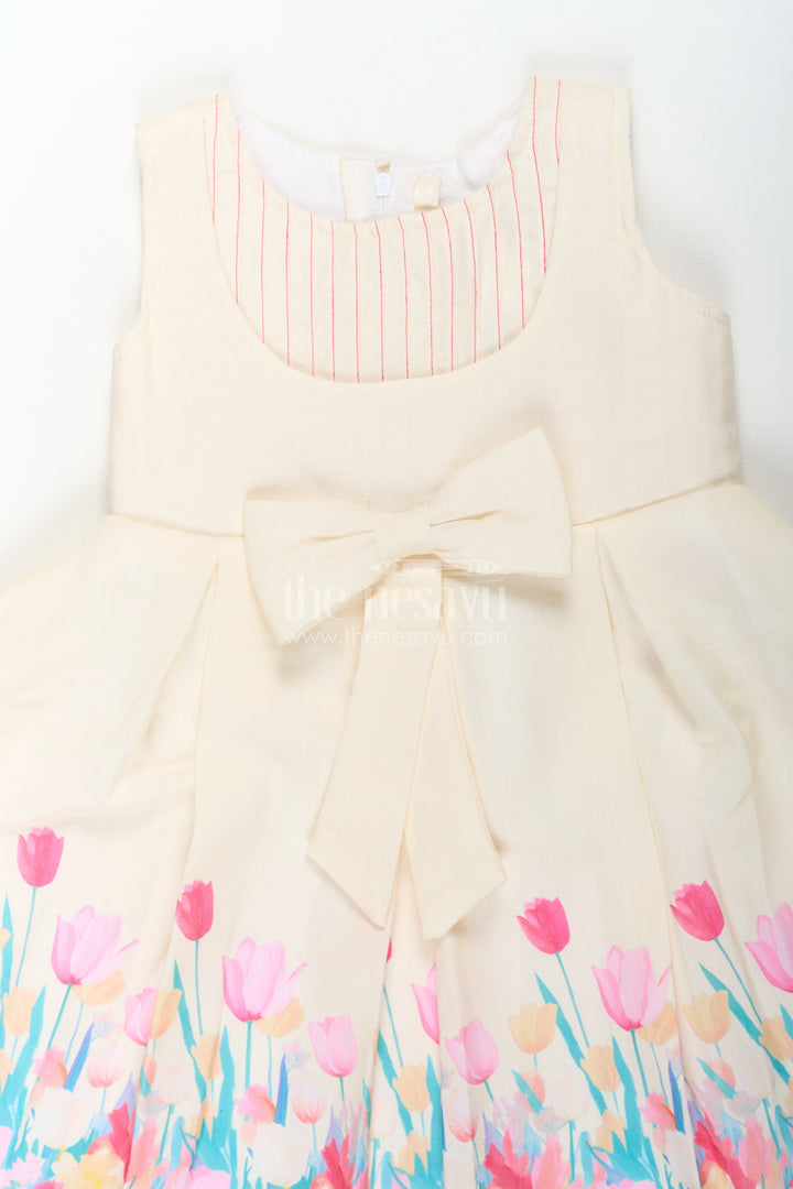 Girls Yellow Floral Frock in Cotton Printed Fabric with Pleated Bodice and Waist Bow