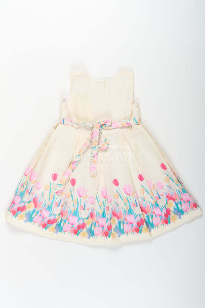 Girls Yellow Floral Frock in Cotton Printed Fabric with Pleated Bodice and Waist Bow