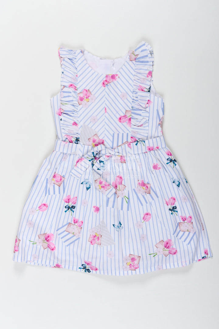 Girls Cotton Knee Length Frock with Striped Floral Print and Decorative Front Ruffles