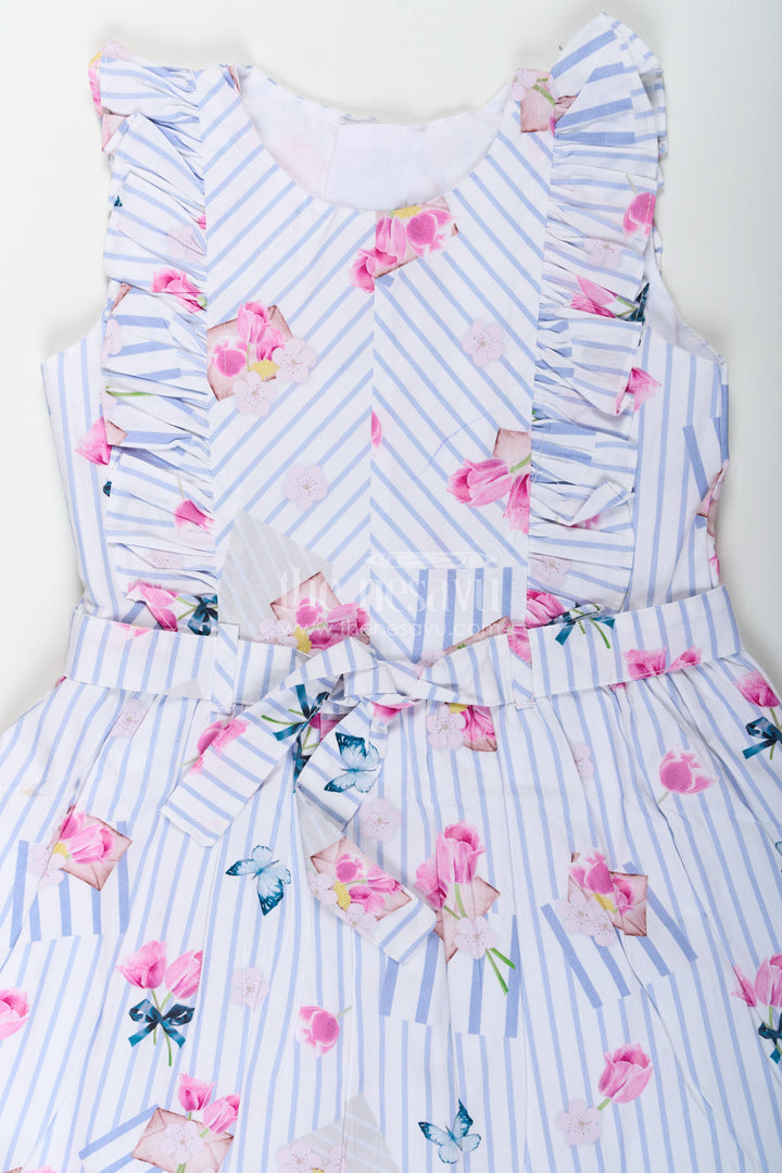 Girls Cotton Knee Length Frock with Striped Floral Print and Decorative Front Ruffles