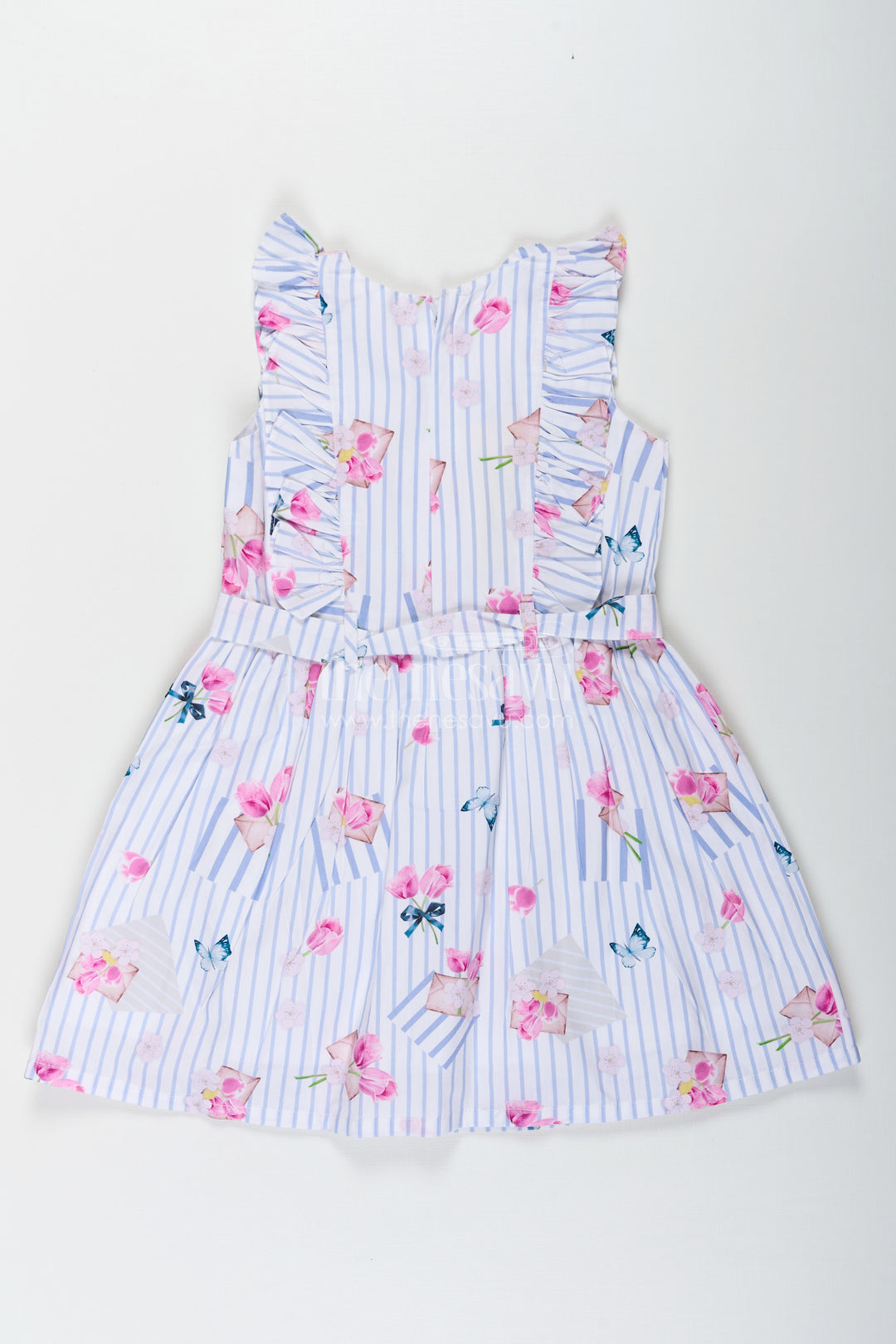 Girls Cotton Knee Length Frock with Striped Floral Print and Decorative Front Ruffles