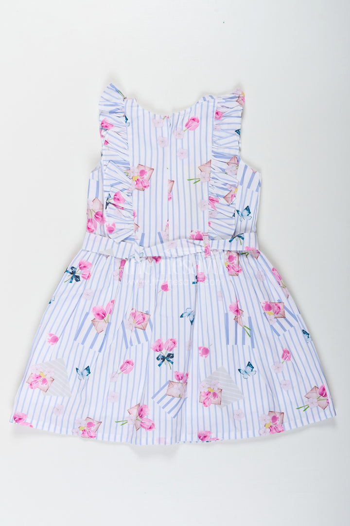 Girls Cotton Knee Length Frock with Striped Floral Print and Decorative Front Ruffles