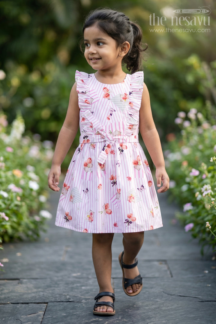 Girls Cotton White Frill Frock with Pink Stripes and Vibrant Floral Accents