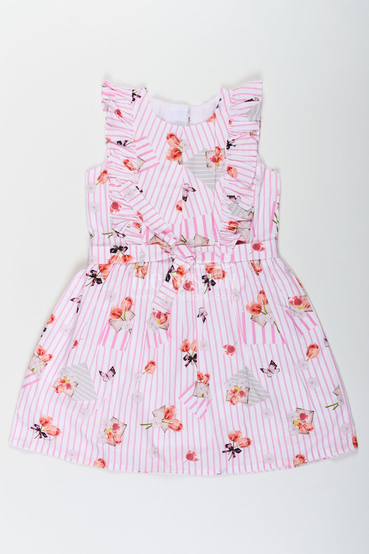 Girls Cotton White Frill Frock with Pink Stripes and Vibrant Floral Accents