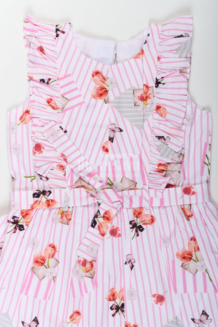 Girls Cotton White Frill Frock with Pink Stripes and Vibrant Floral Accents