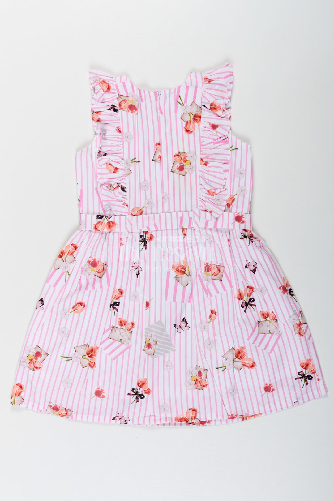 Girls Cotton White Frill Frock with Pink Stripes and Vibrant Floral Accents