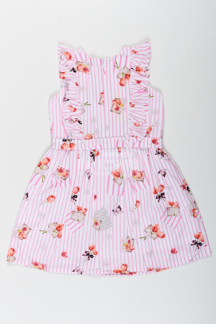 Girls Cotton White Frill Frock with Pink Stripes and Vibrant Floral Accents