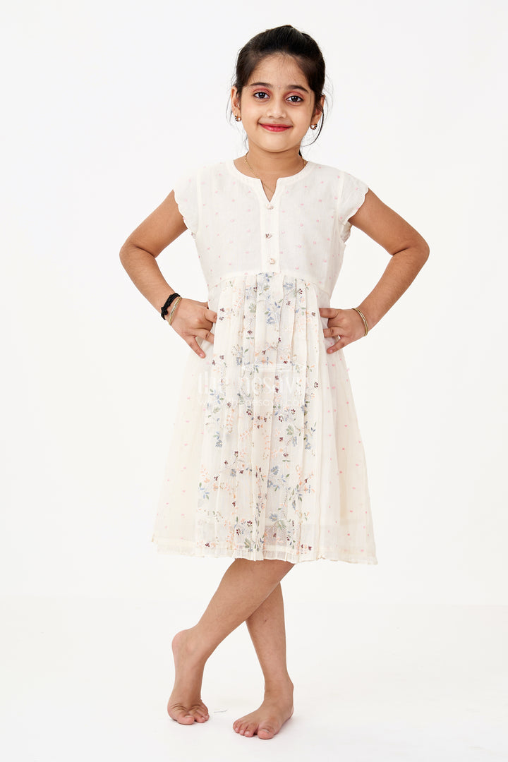 Girls Modern Frock in Cream Cotton Blend with Sequin Thread Embroidery and Pleated Hem