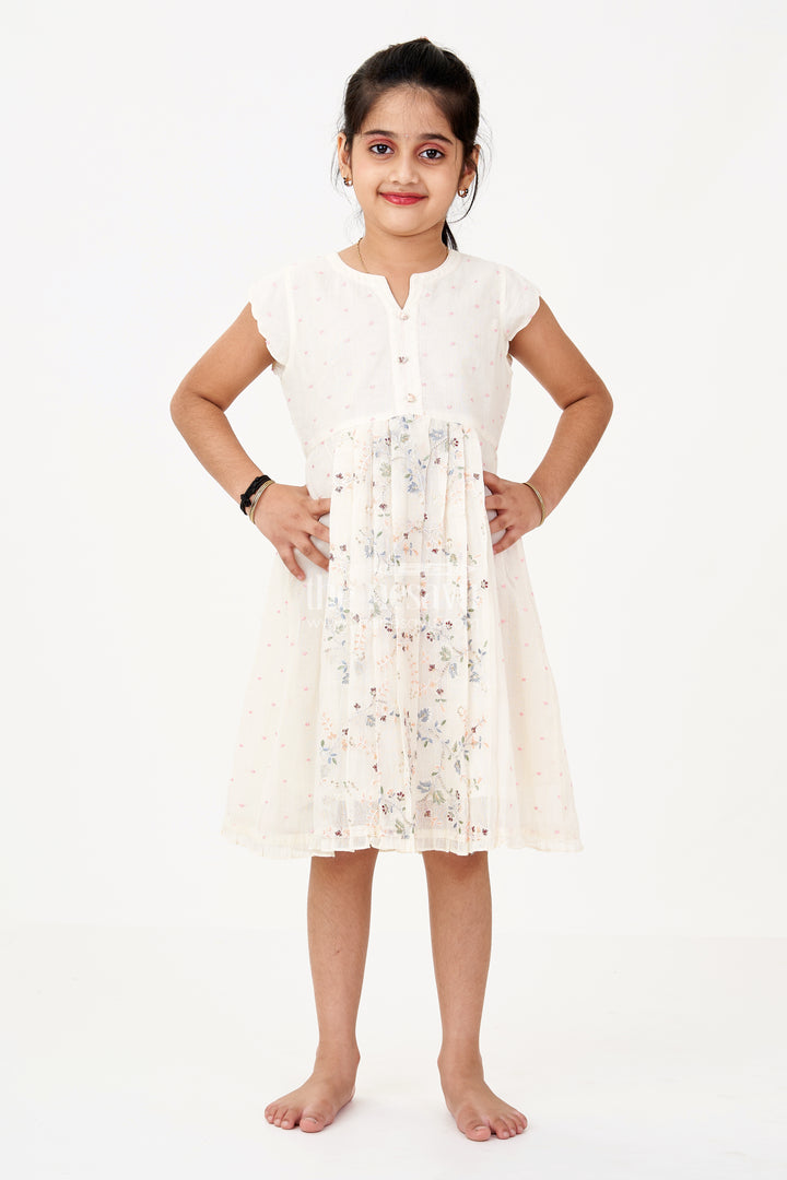 Girls Modern Frock in Cream Cotton Blend with Sequin Thread Embroidery and Pleated Hem