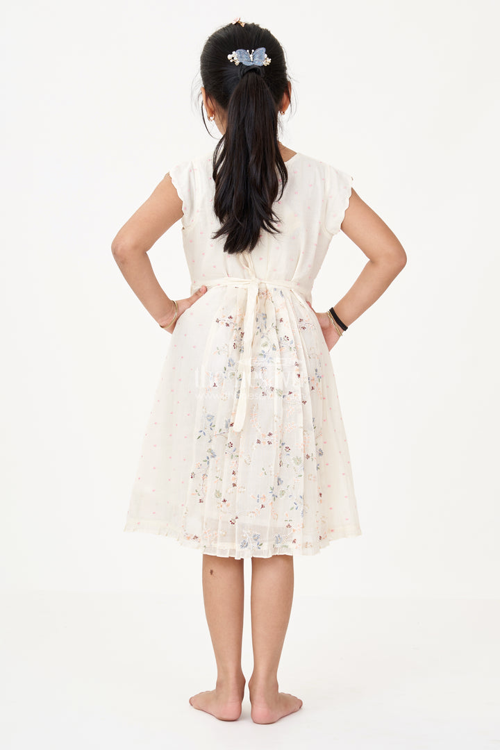 Girls Modern Frock in Cream Cotton Blend with Sequin Thread Embroidery and Pleated Hem