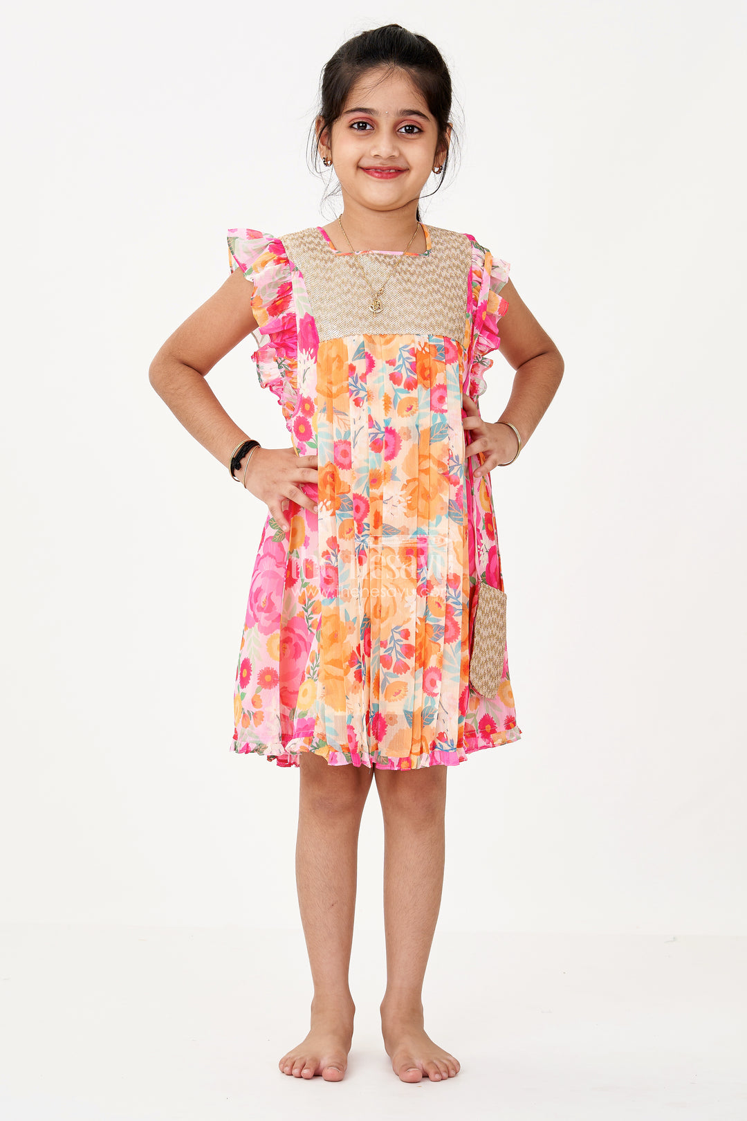 Girls Little Red Dress in Floral Georgette with Sequin Yoke and Matching Pouch Accessory