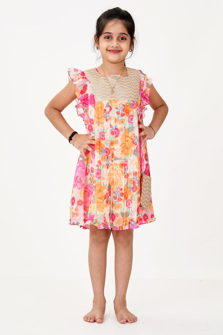 Girls Little Red Dress in Floral Georgette with Sequin Yoke and Matching Pouch Accessory