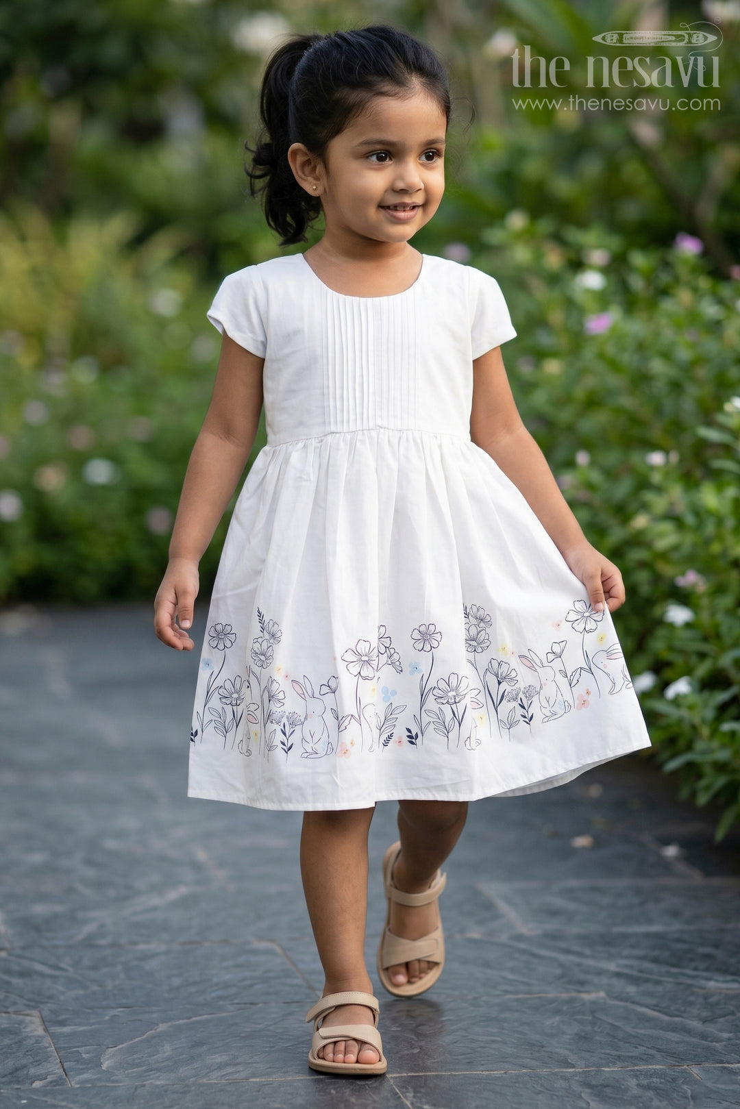 Girls White Frock Dress in Cotton with Digital Bunny Border and Pintuck Front Panel